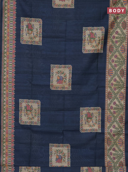 Semi tussar saree bluish grey and beige with madhubani prints and printed border