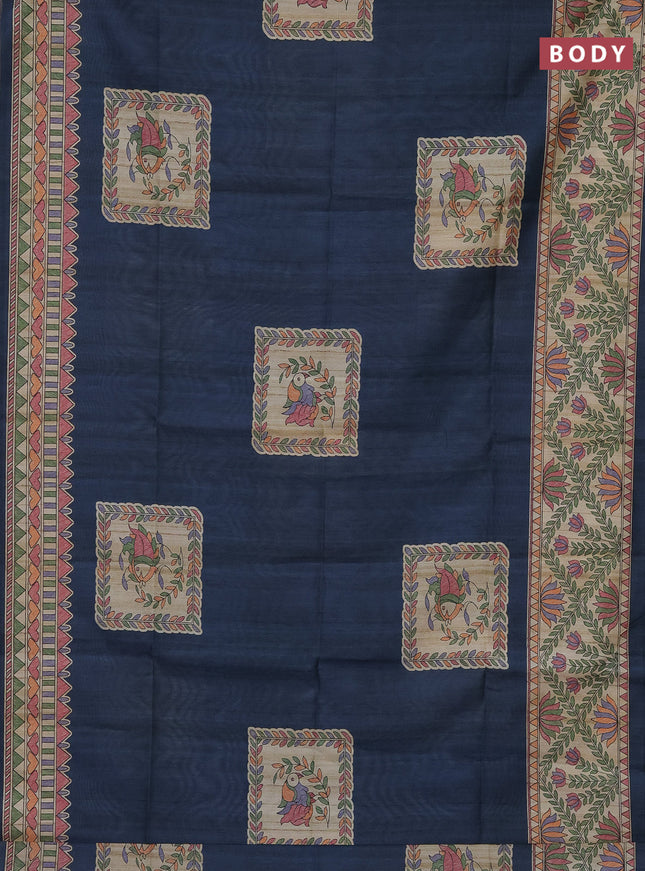 Semi tussar saree bluish grey and beige with madhubani prints and printed border