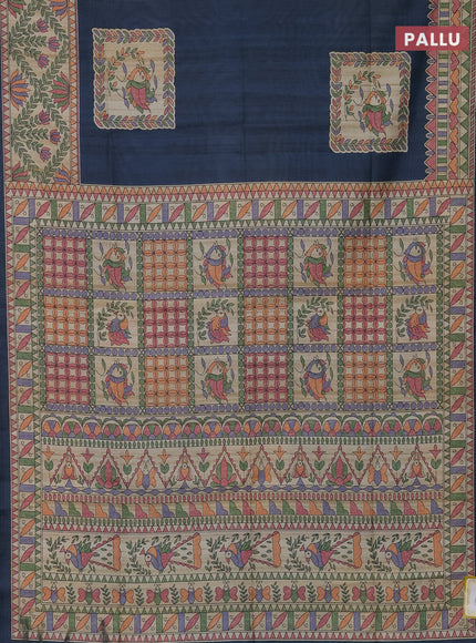 Semi tussar saree bluish grey and beige with madhubani prints and printed border
