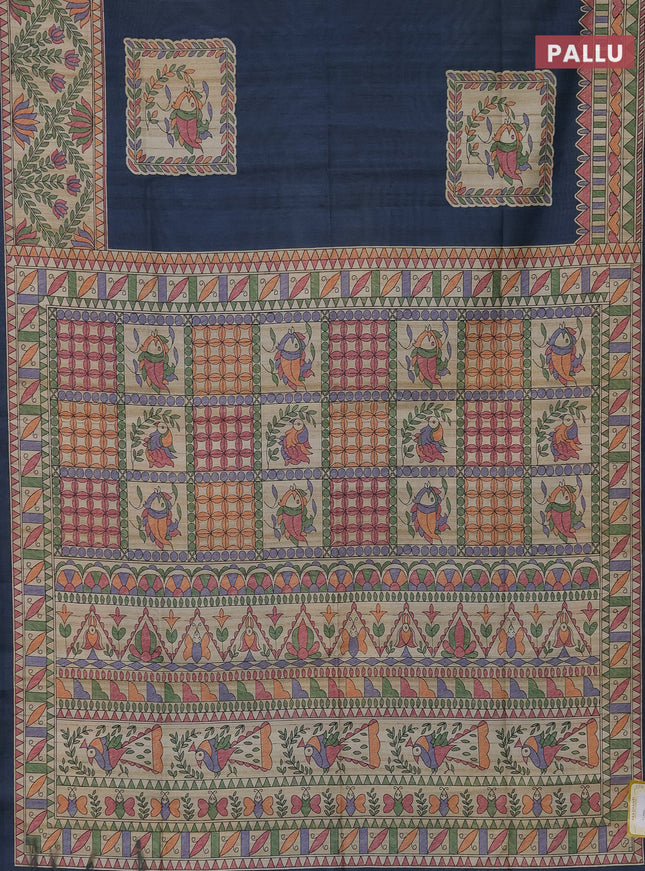 Semi tussar saree bluish grey and beige with madhubani prints and printed border