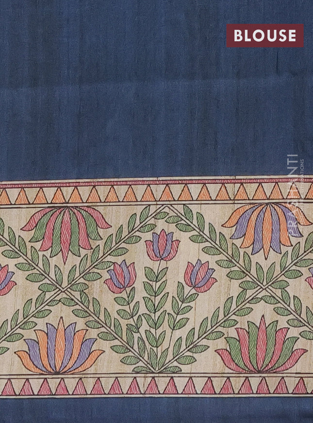 Semi tussar saree bluish grey and beige with madhubani prints and printed border