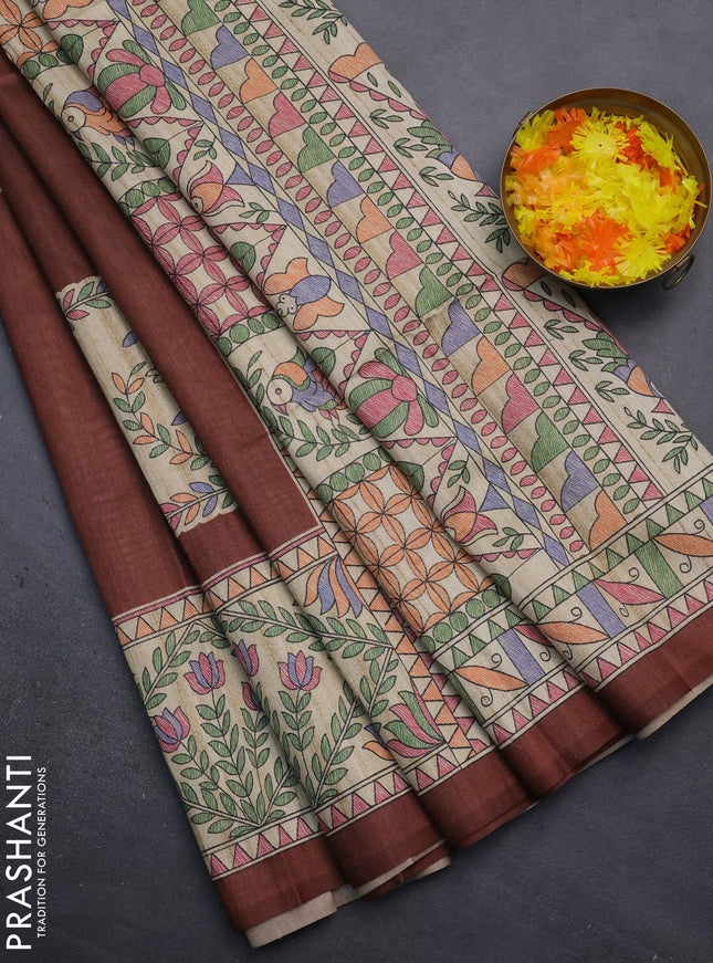 Semi tussar saree rustic brown and beige with madhubani prints and printed border