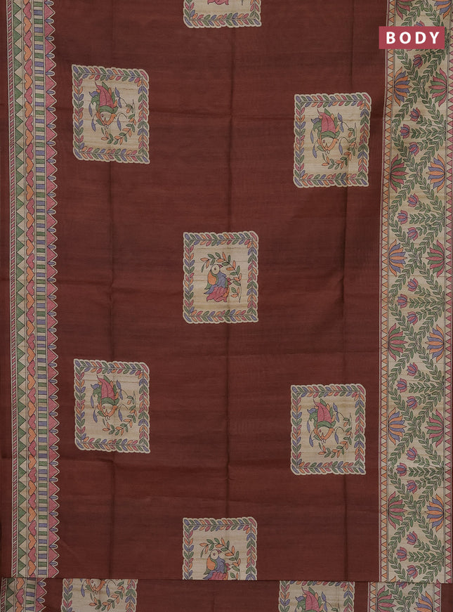 Semi tussar saree rustic brown and beige with madhubani prints and printed border
