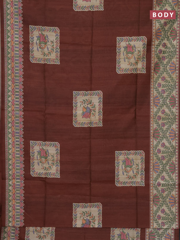 Semi tussar saree rustic brown and beige with madhubani prints and printed border