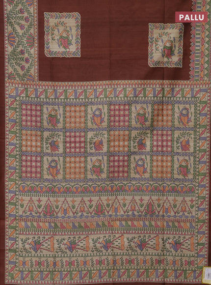 Semi tussar saree rustic brown and beige with madhubani prints and printed border