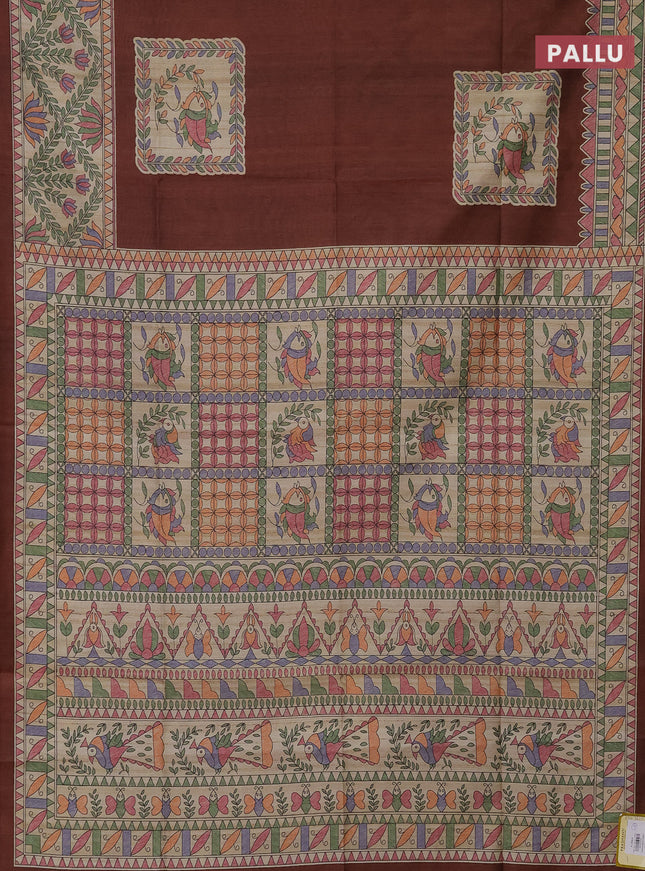 Semi tussar saree rustic brown and beige with madhubani prints and printed border