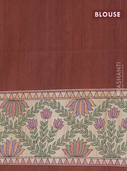 Semi tussar saree rustic brown and beige with madhubani prints and printed border