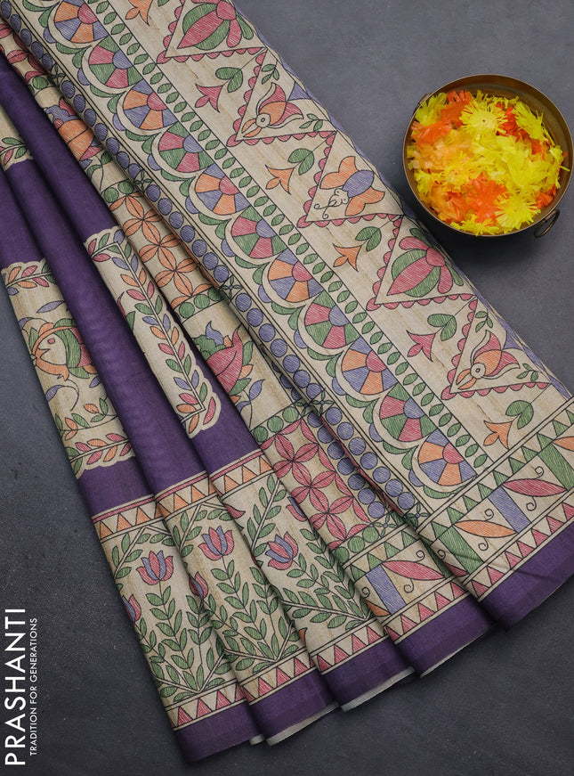 Semi tussar saree violet and beige with madhubani prints and printed border