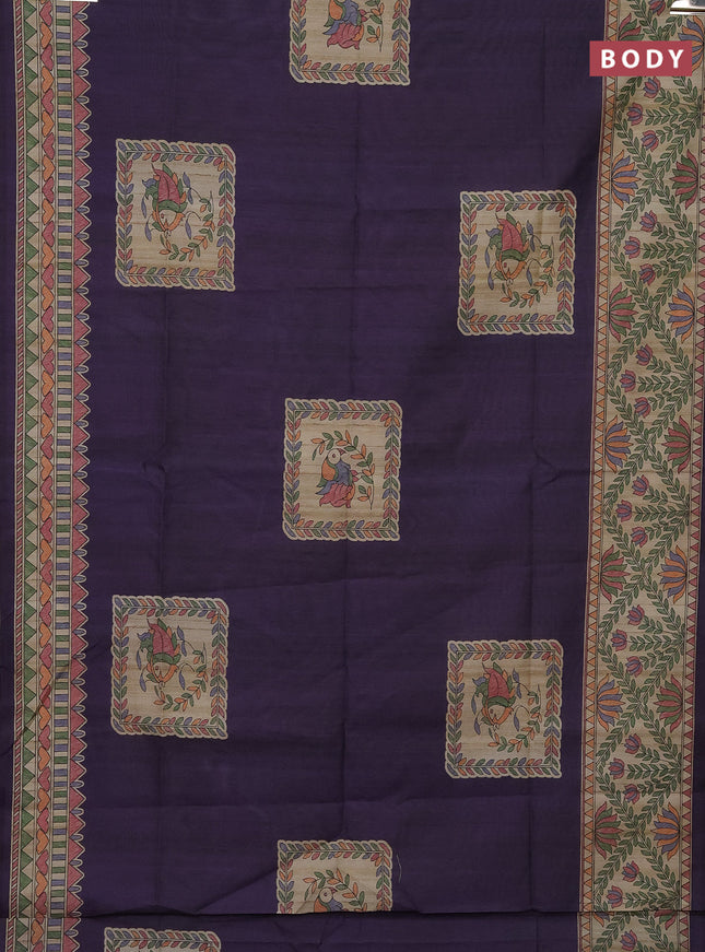 Semi tussar saree violet and beige with madhubani prints and printed border