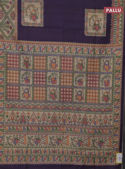 Semi tussar saree violet and beige with madhubani prints and printed border
