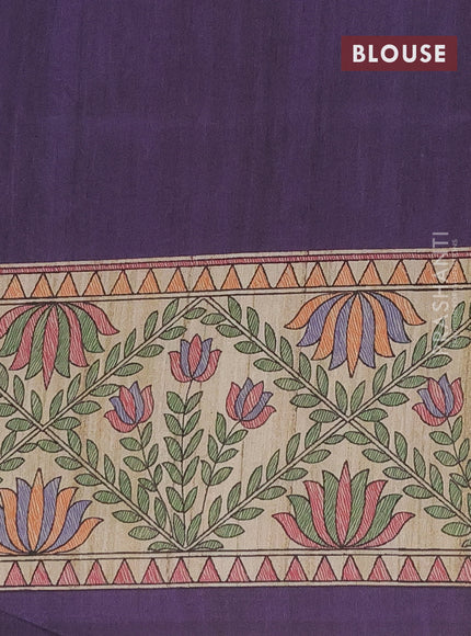 Semi tussar saree violet and beige with madhubani prints and printed border