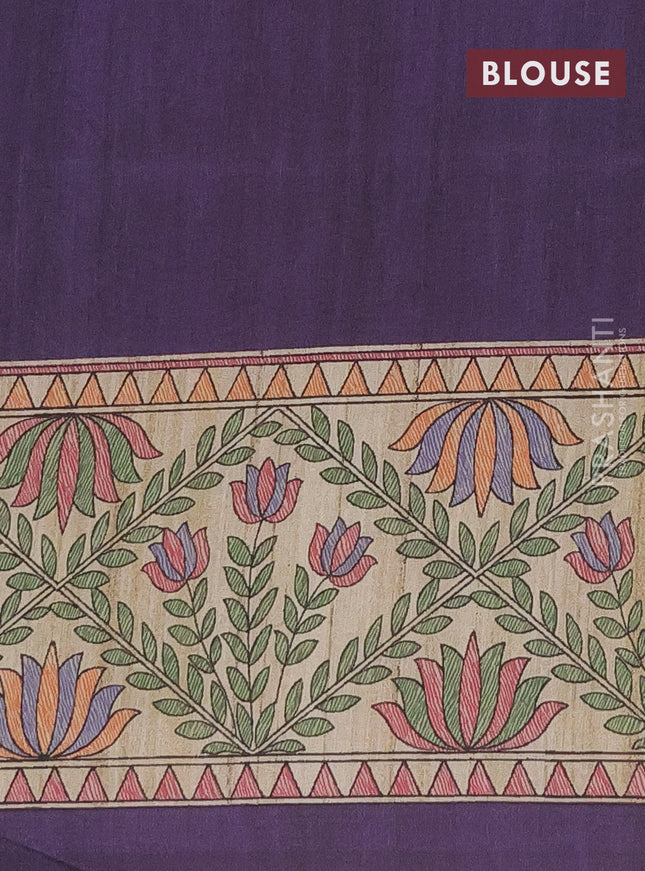 Semi tussar saree violet and beige with madhubani prints and printed border