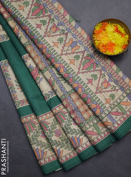 Semi tussar saree green and beige with madhubani prints and printed border