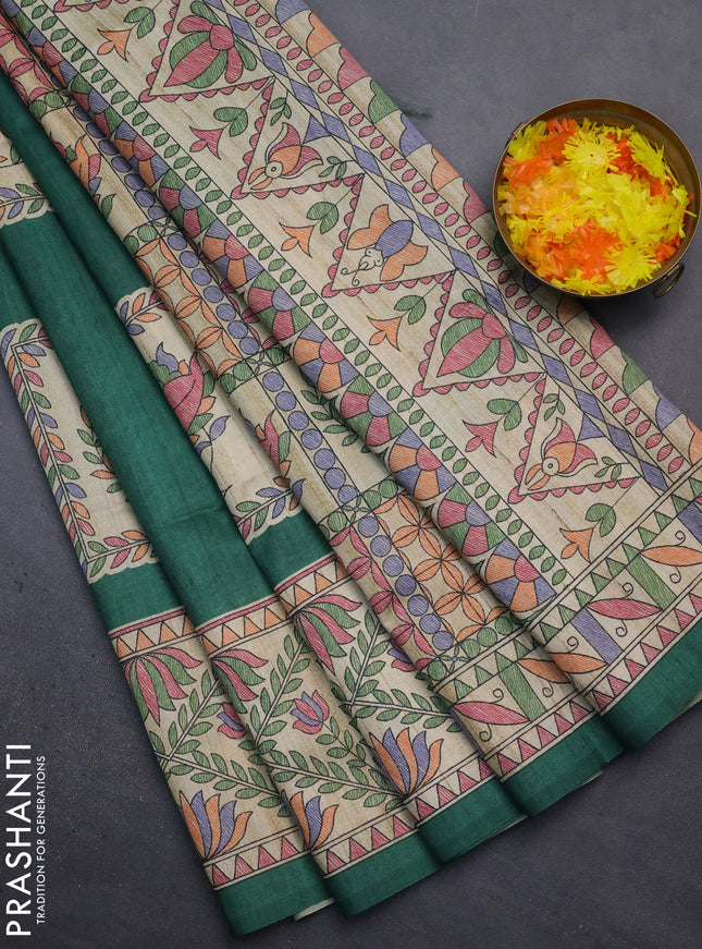 Semi tussar saree green and beige with madhubani prints and printed border