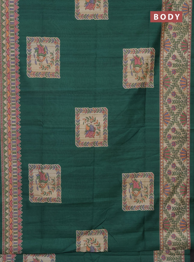 Semi tussar saree green and beige with madhubani prints and printed border