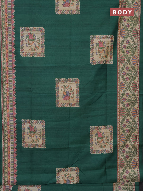Semi tussar saree green and beige with madhubani prints and printed border