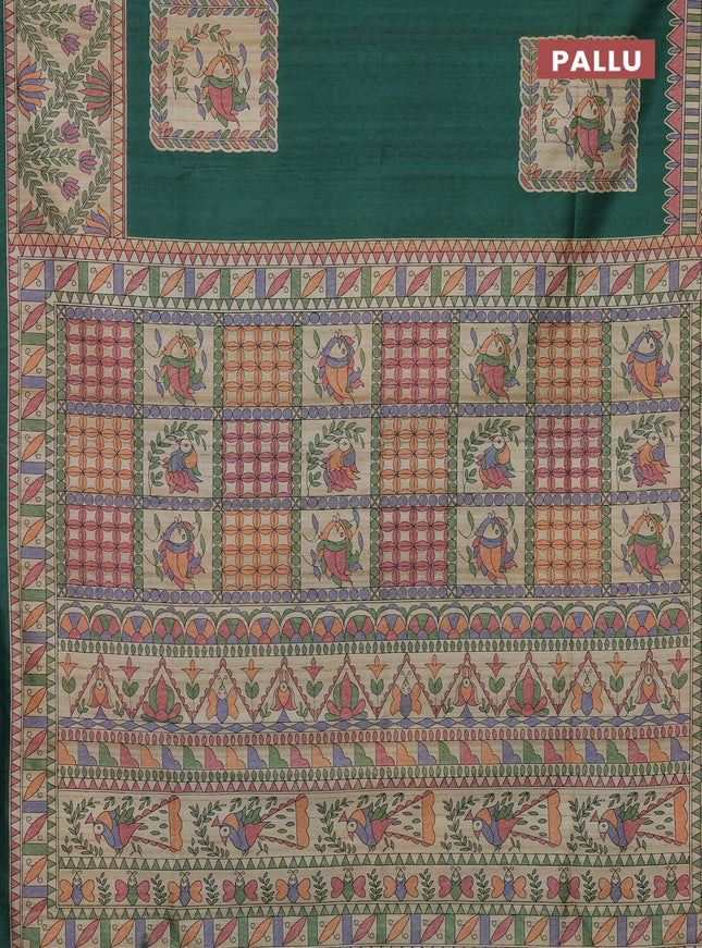 Semi tussar saree green and beige with madhubani prints and printed border