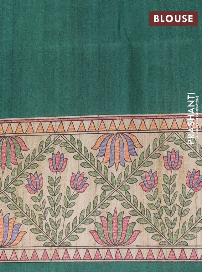 Semi tussar saree green and beige with madhubani prints and printed border