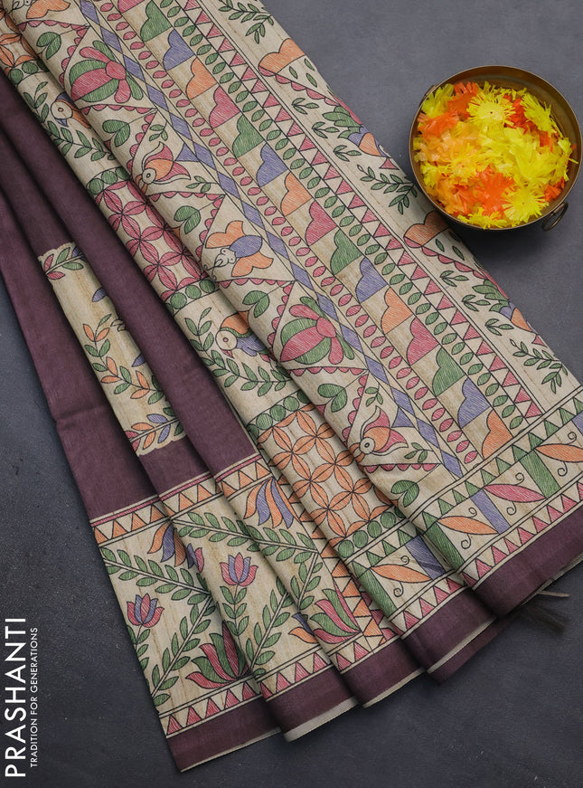 Semi tussar saree deep wine and beige with madhubani prints and printed border
