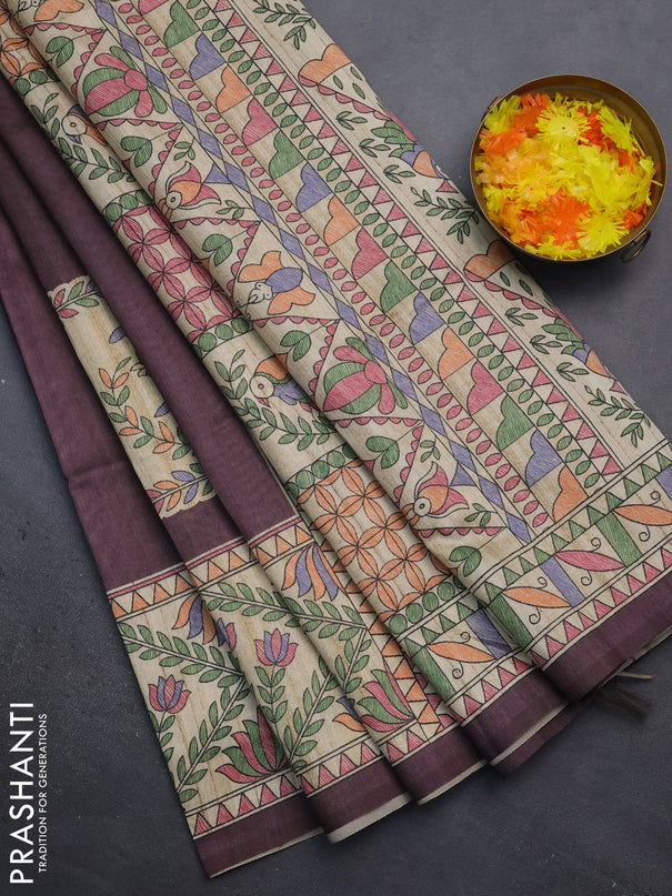 Semi tussar saree deep wine and beige with madhubani prints and printed border