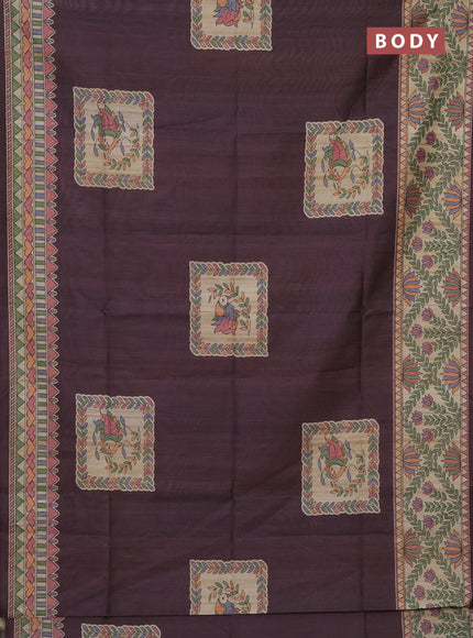 Semi tussar saree deep wine and beige with madhubani prints and printed border