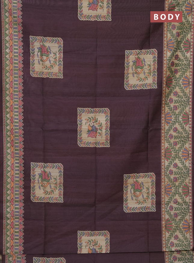 Semi tussar saree deep wine and beige with madhubani prints and printed border