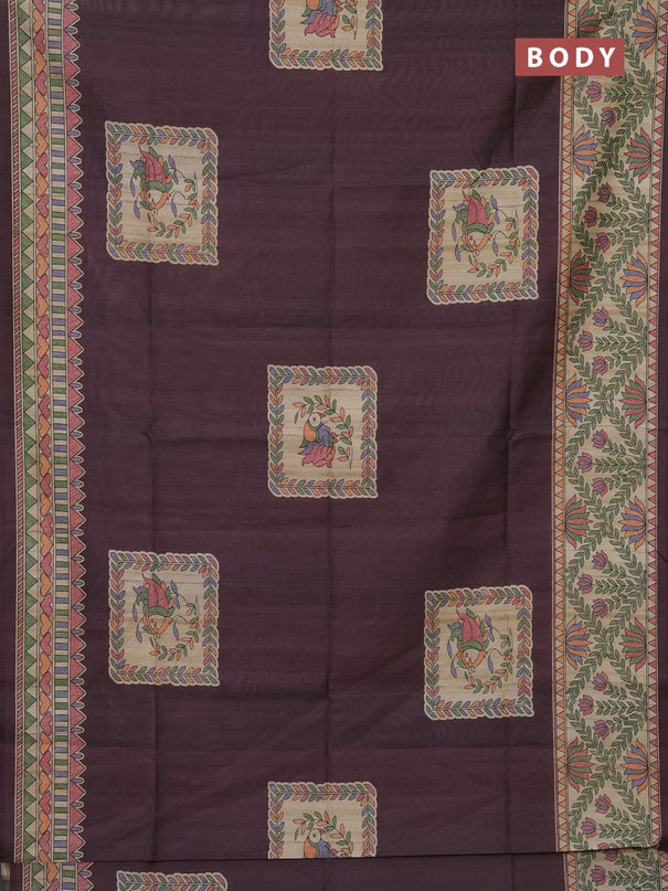Semi tussar saree deep wine and beige with madhubani prints and printed border