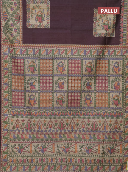 Semi tussar saree deep wine and beige with madhubani prints and printed border