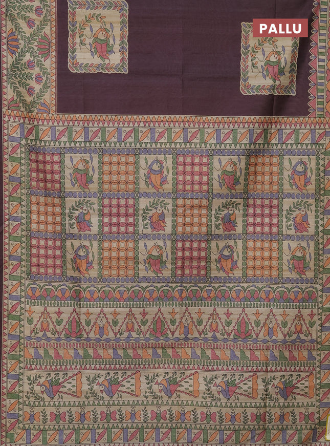 Semi tussar saree deep wine and beige with madhubani prints and printed border