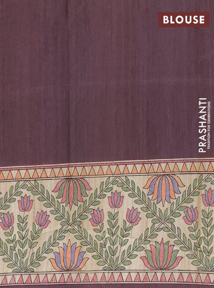 Semi tussar saree deep wine and beige with madhubani prints and printed border