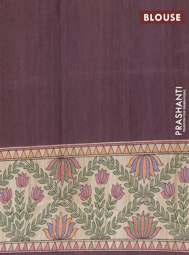 Semi tussar saree deep wine and beige with madhubani prints and printed border