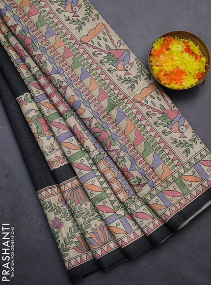 Semi tussar saree black and beige with madhubani prints and printed border