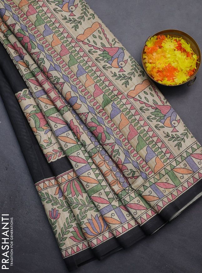 Semi tussar saree black and beige with madhubani prints and printed border