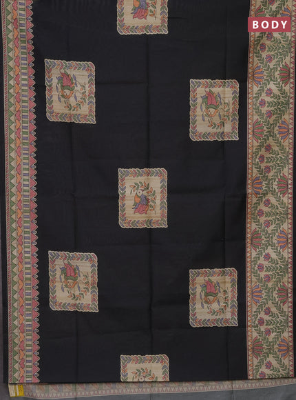 Semi tussar saree black and beige with madhubani prints and printed border