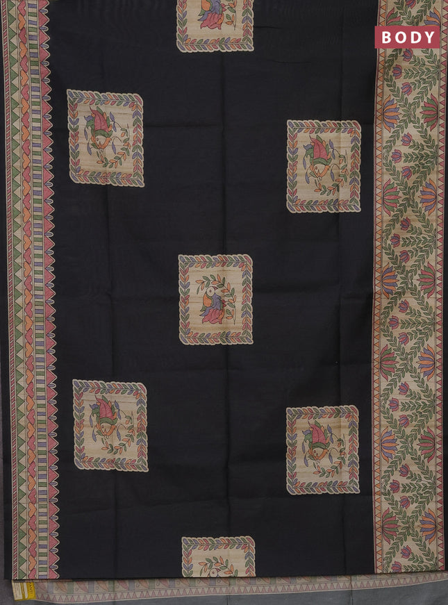 Semi tussar saree black and beige with madhubani prints and printed border