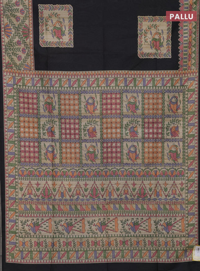 Semi tussar saree black and beige with madhubani prints and printed border