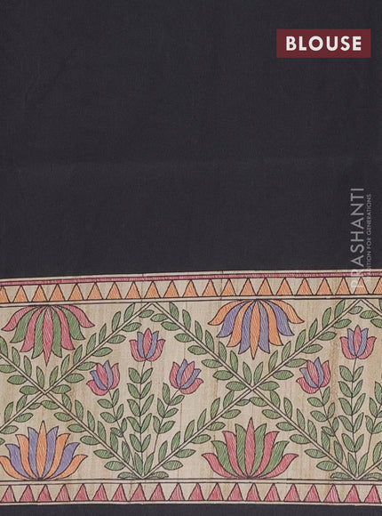Semi tussar saree black and beige with madhubani prints and printed border