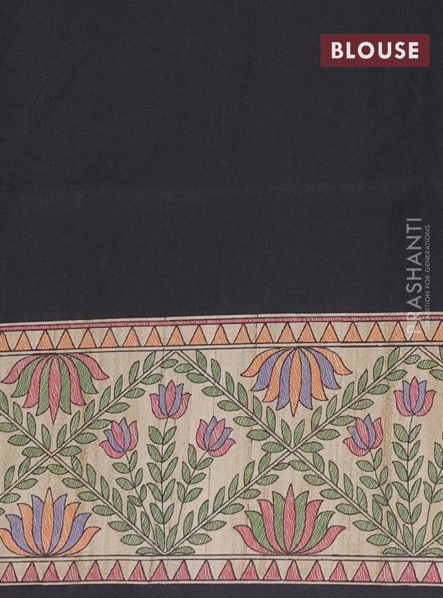 Semi tussar saree black and beige with madhubani prints and printed border