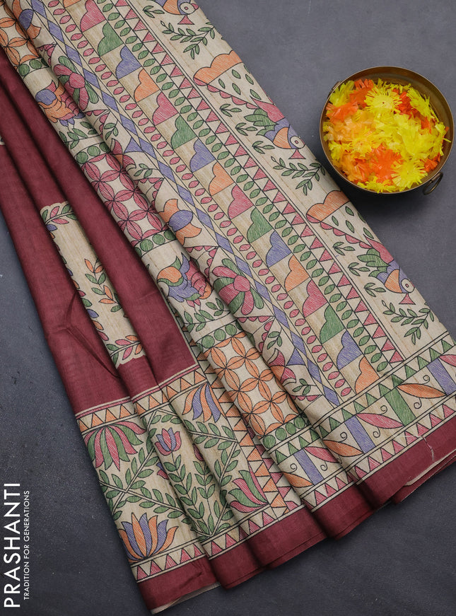 Semi tussar saree maroon and beige with madhubani prints and printed border