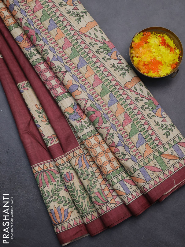 Semi tussar saree maroon and beige with madhubani prints and printed border