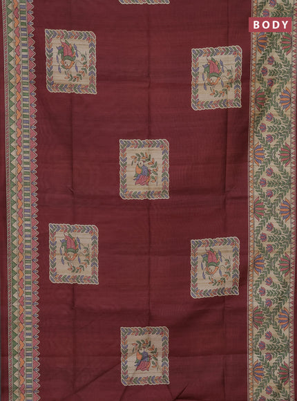 Semi tussar saree maroon and beige with madhubani prints and printed border