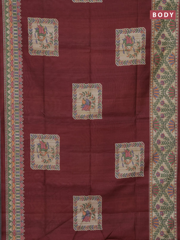 Semi tussar saree maroon and beige with madhubani prints and printed border