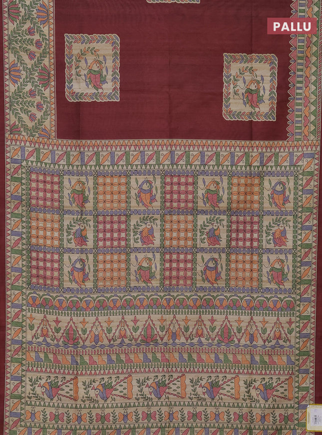 Semi tussar saree maroon and beige with madhubani prints and printed border