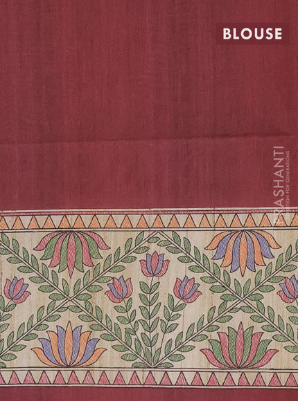 Semi tussar saree maroon and beige with madhubani prints and printed border