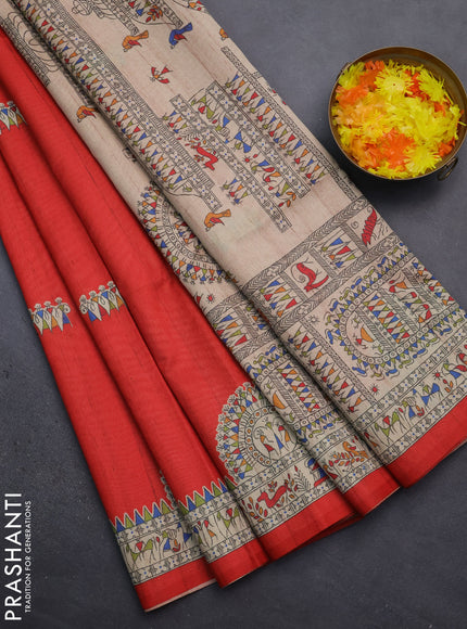 Semi tussar saree red and beige with allover walri butta prints and printed border