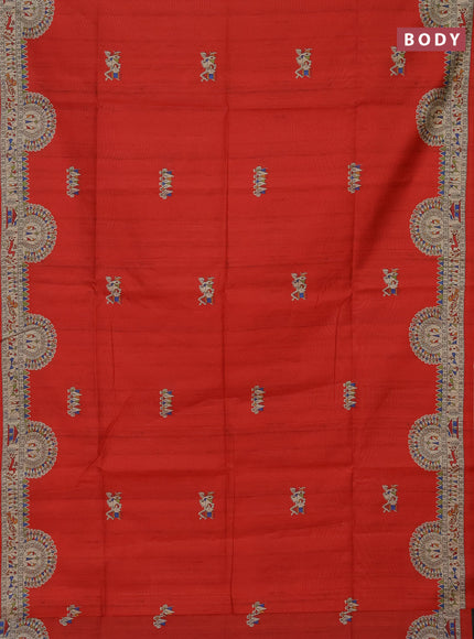 Semi tussar saree red and beige with allover walri butta prints and printed border