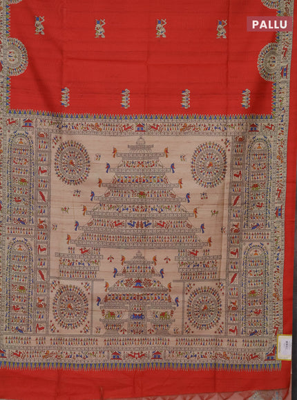 Semi tussar saree red and beige with allover walri butta prints and printed border