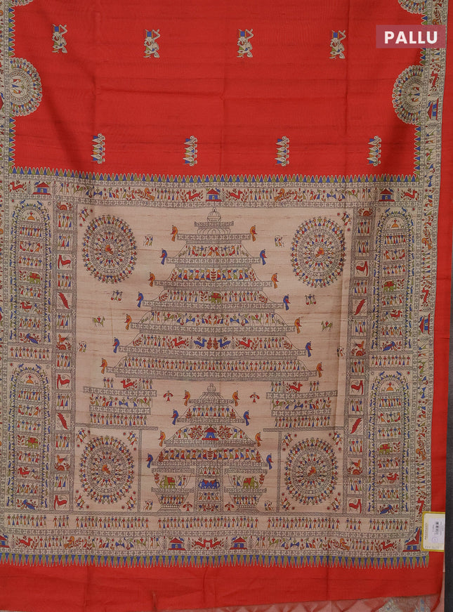 Semi tussar saree red and beige with allover walri butta prints and printed border
