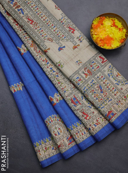 Semi tussar saree blue and beige with allover walri butta prints and printed border