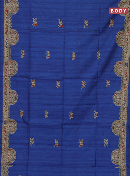 Semi tussar saree blue and beige with allover walri butta prints and printed border